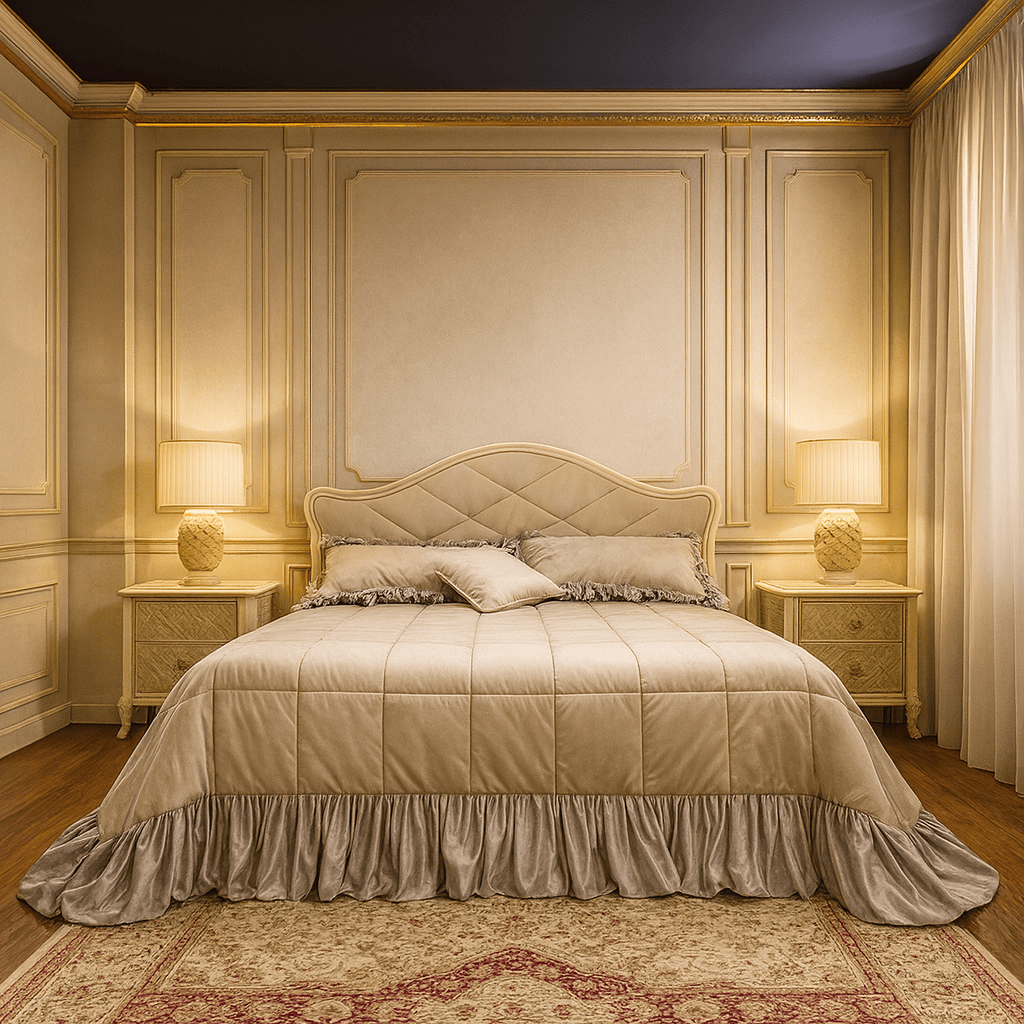 Imperial Ivory Velvet King Bed – Quilted Elegance With Lacquered Finish