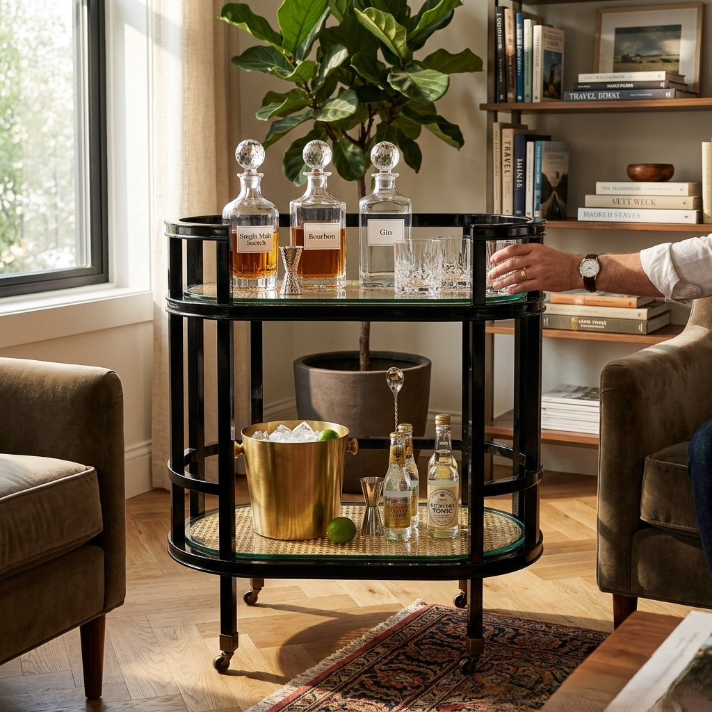 Brass And Woven Rattan Bar Cart